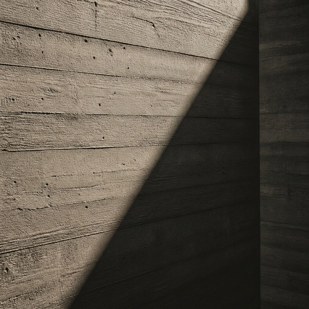 Board-formed concrete surface cut by a sharp diagonal shadow