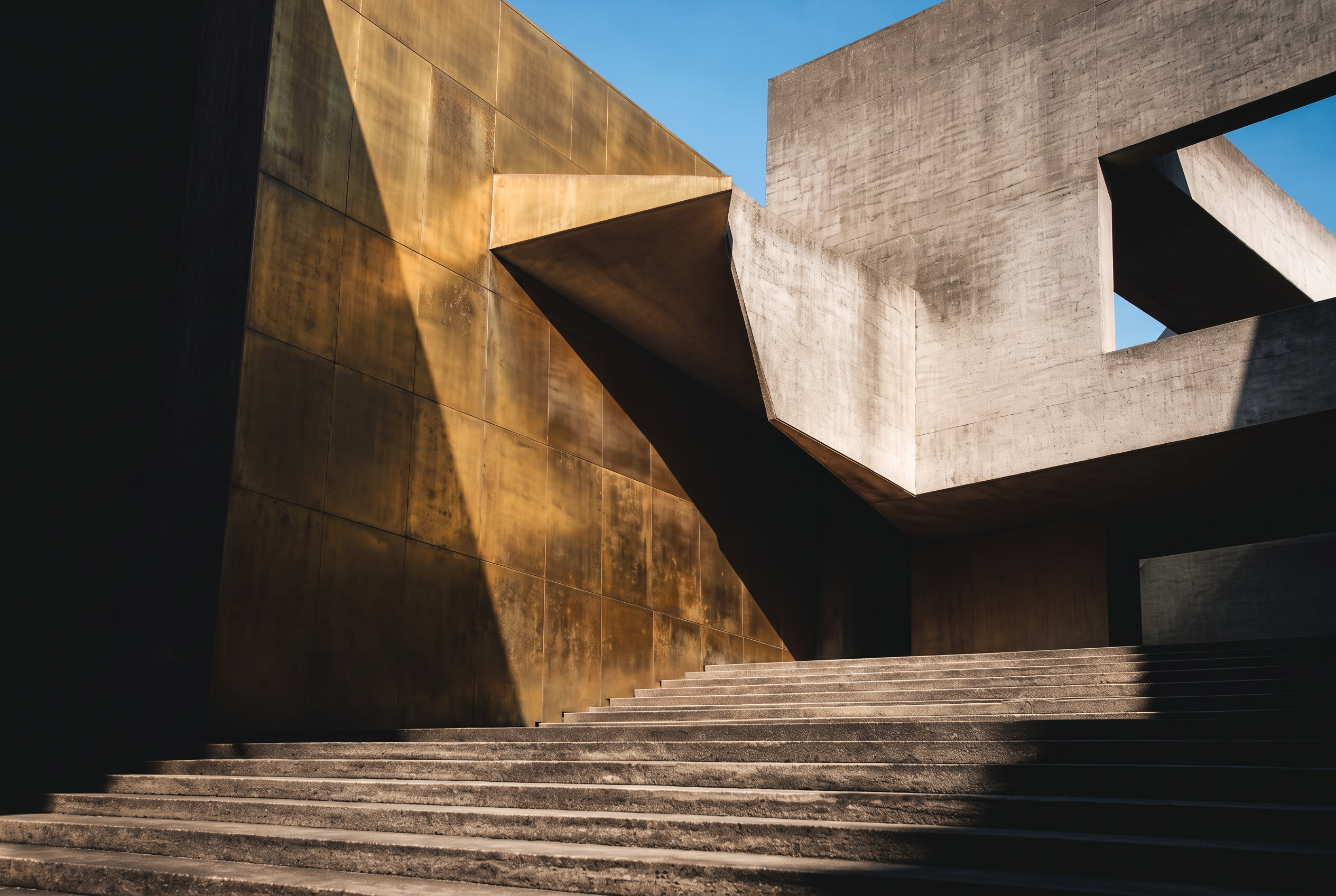 Bold contemporary concrete architecture with an aged brass wall plane and hard diagonal shadows